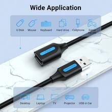 VENTION USB 2.0 Extension Cable, Male To Female USB Extension Cable, High-Speed Data Transfer, Suitable For Mouse, Keyboard, USB Flash Drive, External Hard Drive, Camera And Printer - Black - View 4