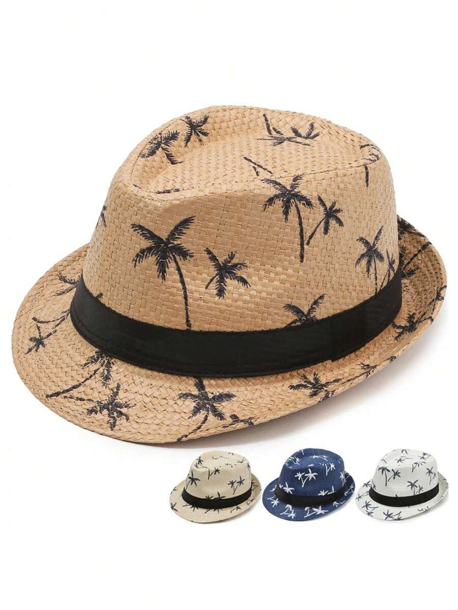 1pc Palm Tree Print Straw Fedora Hat With Black Ribbon, Breathable Short Brim Beach Sun Hat, Unisex, Suitable For Summer Travel, Vacation, Party - A - View 1