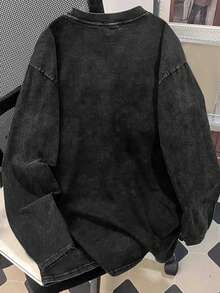 Women's Pure Cotton American Style Black Washed Distressed Fashion Vintage Street Casual Vacation Home School Hot Girl Unisex Loose Long Sleeve Crew Neck Sweatshirt - Black - View 6
