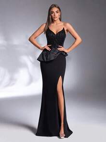IBTRLY New High-End Elegant Black Strapless Dress With Beaded Sequin Decor, Satin Fabric, Ruffle Trim, Elastic Fabric, Prom Fall Wedding Party - Black - View 3