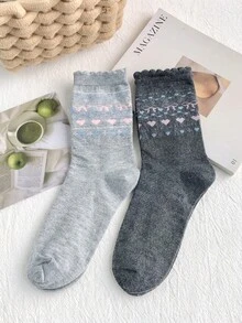 4 Pairs/2 Pairs/1 Pair Korean Sweet Cute Style Mid-Calf Socks With Ruffle Trim, Unisex Autumn/Winter Fair Isle Pattern, Versatile For Women's Home, Daily Wear, Layering With Boots - Multicolor - View 16