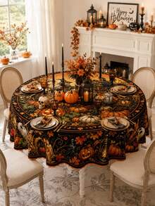 1pc Halloween Pumpkin Lantern Crow Ghost Tablecloth, Vintage Autumn Pumpkin Skull Bat Full Moon Print Round/Rectangular Tablecloth, Spooky Farmhouse Style Halloween Dinner Party Table Decor, Autumn Holiday Tablecloth - Multicolor - View 7