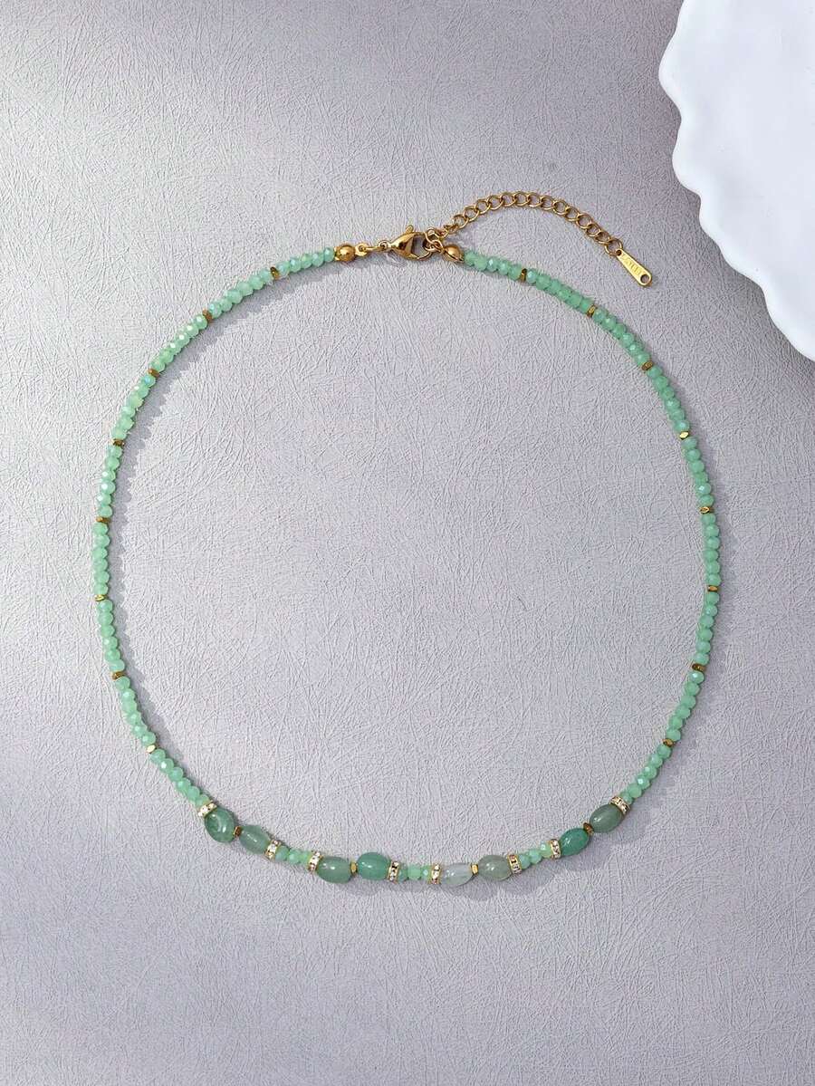 1pc Fashion Minimalist Crushed Crystal Beaded Necklace For Women, Suitable For Vacation Wear - Green - View 1