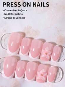 24pcs Short Square 3D Gel Floral French Nails With Pearl Decor, Set Includes: 1pc Jelly Glue And 1pc Nail File, Summer Nails - 彩色 - 查看 4