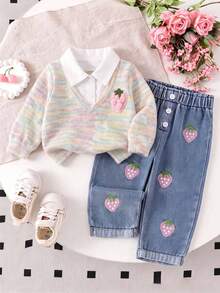 Spring/Autumn Girls Sweet Fashion 2 Pieces Set, Gradient Color Lapel 3D Strawberry Embroidered Faux Two Pieces Top, Fruit Strawberry Embroidered Cuffed Denim Long Pants, Suitable For Daily Casual, Outing Wear - Multicolor - View 1