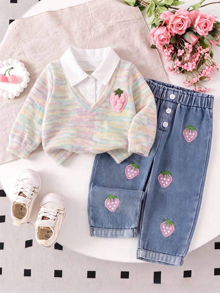 Spring/Autumn Girls Sweet Fashion 2 Pieces Set, Gradient Color Lapel 3D Strawberry Embroidered Faux Two Pieces Top, Fruit Strawberry Embroidered Cuffed Denim Long Pants, Suitable For Daily Casual, Outing Wear - Multicolor - View 1