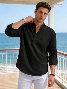 Men's Cotton Linen Long-Sleeved Shirt - 黑色2 - 查看 7