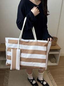 2pcs Large Waterproof Beach Tote Bag Set, With Zipper And Waterproof/Sand-Proof Design, Suitable For Swimming Pool, Random Pattern, School Backpack, Portable, Large Capacity, Suitable For Teenage Girls, Women, College Students, University, Middle School, High School, Outdoor, Travel, Outing, Work, Business, Commute, Holiday, Shopping - Coffee Brown - View 4
