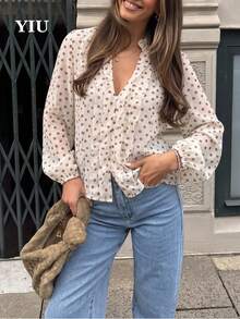 YIU Women's Polka Dot Button Front Ruffle Semi-Sheer Bishop Sleeve Blouse, Elegant Ruffle Collar Long Sleeve Top, Autumn Essential - Apricot - View 6