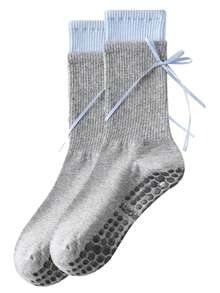 1 Pair Women's Pilates Yoga Socks, Silicone Non-Slip Sports Floor Socks, Faux Double Layer Design, Ballet Style With Bow And Ribbon Mid-Calf Socks - Multicolor - View 17