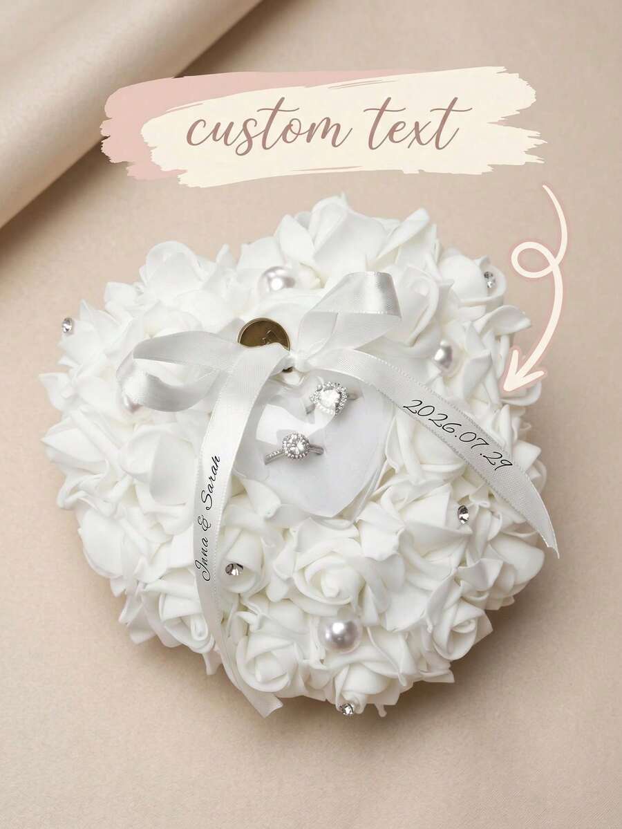 1pc Personalized Heart-Shaped Floral Ring Pillow Box With Elegant Lace Ribbon, Customizable Wedding Ring Holder Box, Bride Bridesmaid Proposal Gift - Multicolor - View 1