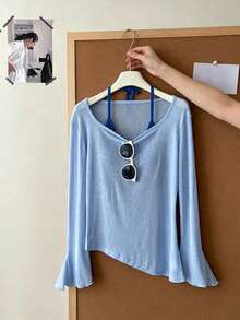 Atasan Camisole Musim Semi/Panas Lembut Tipis untuk Berlapis, Model Lengan Lonceng Bergelombang dengan Hem Asimetris, Atasan Kasual untuk Berlapis. - Biru muda - View 4