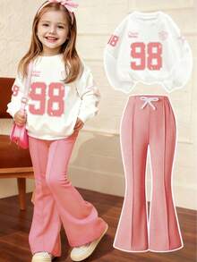Young Girl Digital Print Long Sleeve Crew Neck Sweatshirt And Flare Pants Casual Set - Pink - View 1