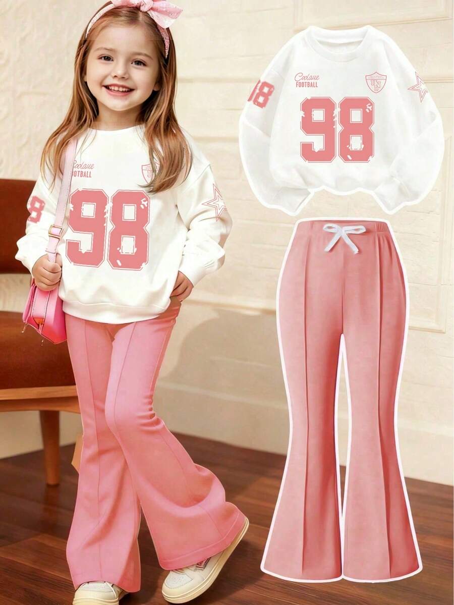 Young Girl Digital Print Long Sleeve Crew Neck Sweatshirt And Flare Pants Casual Set - Pink - View 1