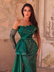Faeriesty Vestido de Noche de Lujo sin Tirantes, Lazo de Organza, Falda de Cola de Sirena para Fiesta y Boda - Verde Oscuro - Ver 4