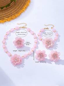 5pcs Women's Jewelry Set Exaggerated Vintage Elegant Acrylic Beaded Flower Pendant Necklace, Earrings, Bracelet, Ring Set Suitable For Beach Vacation, Party, Banquet And Daily Wear - Pink - View 5