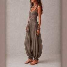 Boho Spliced Lace Camisole Jumpsuit Scalloped Neck Shirred Waist Crinkle Fabric Loose Harem Pants Outfit - Grey - View 6