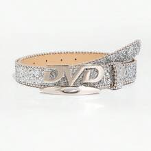 1件裝男士DVD水鑽字母腰帶，嘻哈品牌全水鑽亮面金屬扣皮革腰帶，街頭風百搭裝飾腰帶 - 銀色 - 查看 9