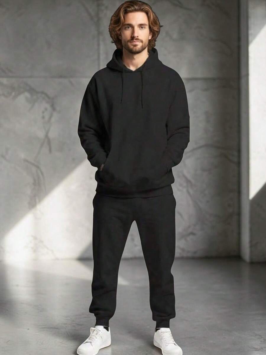 Men Hoodie Co-Ords - Black - View 1