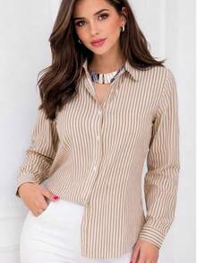 Women's Long-Sleeved Striped Shirt With Buttons, Loose Fit, In Premium Crepe Fabric, No Pockets, , Casual, Elegant - 米色 - 查看 2