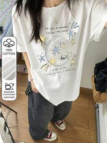 日系女款寬鬆休閒圓領軌道太空船歌詞印花T恤，Noah太空人短袖純棉T恤，春夏白色 - 白色 - 查看 4