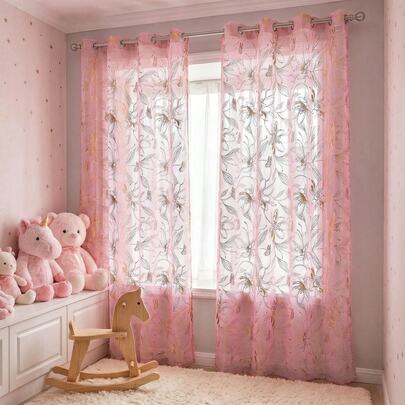 1pc French Romantic Pink Floral Butterfly Gold Foil Transparent Curtain With Grommets, Suitable For Holidays, Weddings, Parties And Daily Bedroom, Living Room And Children's Room Decoration. Grommets Make Installation Easy.
