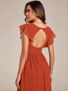 Chiffon Bridesmaid Dress, Short Sleeve Pleated V-Neck Draped Open Back Design Asymmetric Hem, Suitable For Wedding, Vacation Wear, Mother Of The Bride Dress Spring - Burnt Orange - View 6