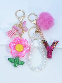 1pc Resin Starry Sky Epoxy Letter Keychain With Black Fur Ball Tassel Decor, Heart Pendant Gift For Friend And Mom - Hot Pink - View 26
