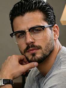 1 Pair Men's Colorblock Browline Square Frame Clear Lens Glasses, Black Plastic Upper Frame With Gold Metal Lower Rim, Transparent Lenses, Vintage Business Gentleman Style, Suitable For Spring/Summer Office Commute And Daily Wear - Black Gold Frame - View 5