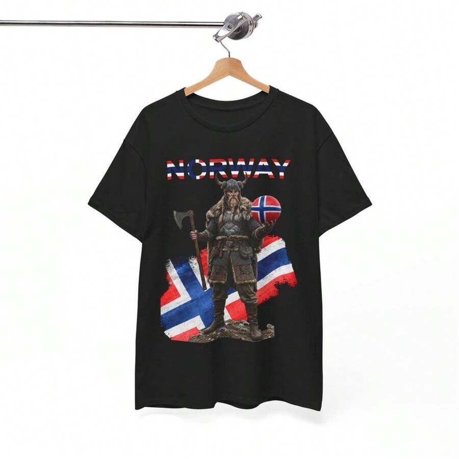 Camiseta Guerrero Vikingo Fútbol Noruega 2026 | Diseño de Hacha con Bandera Noruegada, Camiseta Vintage de los 90 de la Selección de Fútbol Noruega - Negro - Ver 1