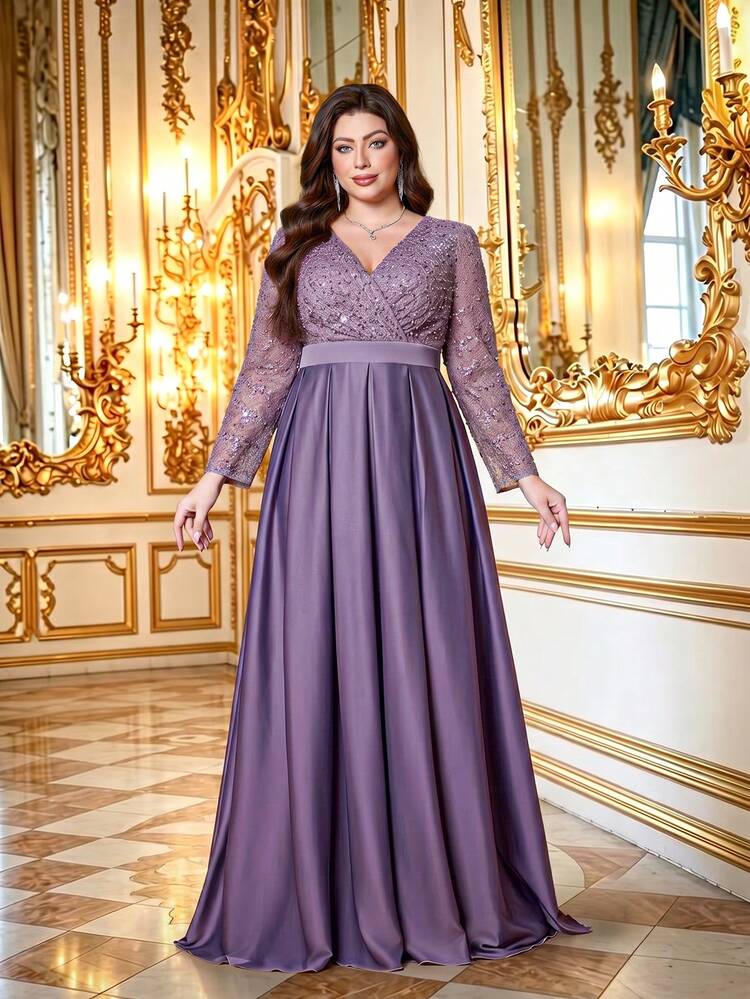 purple satin dress long sleeve Purple Square Neck Full Sleeves Satin Evening Dress  TANYA BRIDAL