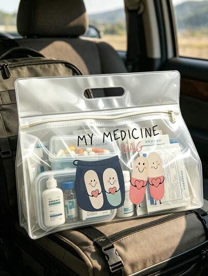 "Heart Pill" Pattern Large Capacity Medical Bag, Cosmetic Bag, Transparent Toiletry Bag, Storage Bag, Travel Essentials, Zipper Portable Toiletry Bag, Beach Transparent PVC Toiletry Bag, Waterproof Storage Bag, Transparent Storage Bag, Can Store Medicine, Medical Supplies, Etc.,