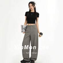 Women's Solid Color Pocket Button Casual Versatile Daily Wear Long Pants - Grey - View 2