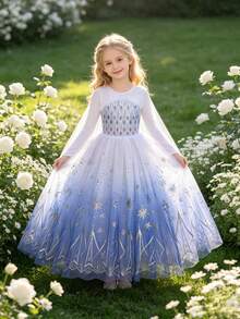 Young Girls Snowflake Pattern Elegant Tulle Gradient Dress, Tulle Cape Gold Foil Formal Dress, Casual Dress, Suitable For Outings, Friends Gatherings, Birthday Parties, Holiday Parties, Stage Performances And Other Large Events - White - View 1