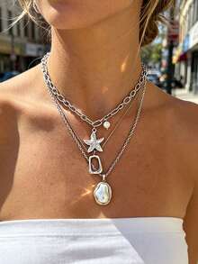 3pcs Vintage Elegant Bohemian Style Women's Baroque Asymmetrical Pearl Starfish And Asymmetric Geometric Pendant Necklace, Suitable For Women's Daily Wear And Summer Beach Vacation, Versatile Gift - Silver - View 3