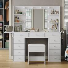 FUSOU 11 Drawers Dressing Table, Vanity Desk With Power Outlet & Lighted Mirror, Vanity Table With 4 Shelves & Fold-Up Panel, 3 Color Modes, Makeup Table With Chair For Bedroom, White - White - View 2