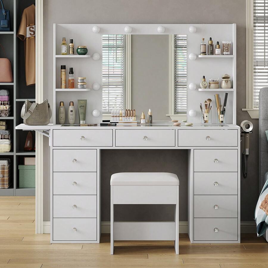 FUSOU 11 Drawers Dressing Table, Vanity Desk With Power Outlet & Lighted Mirror, Vanity Table With 4 Shelves & Fold-Up Panel, 3 Color Modes, Makeup Table With Chair For Bedroom, White