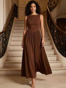 MODA MO, REF: H978 Women's Dress, Long Dress, Sleeveless, Round Neckline, High Waist, Backless, Dress With Zipper, Slim Model, A-Line Dress, Elegant, Modern, Light, Comfortable, Versatile, Refined Look, Casual Chic Dress, Dress For Events, Sophisticated Look, Summer Dress, Quality Finish, Feminine Style. - 巧克力棕 - 查看 1