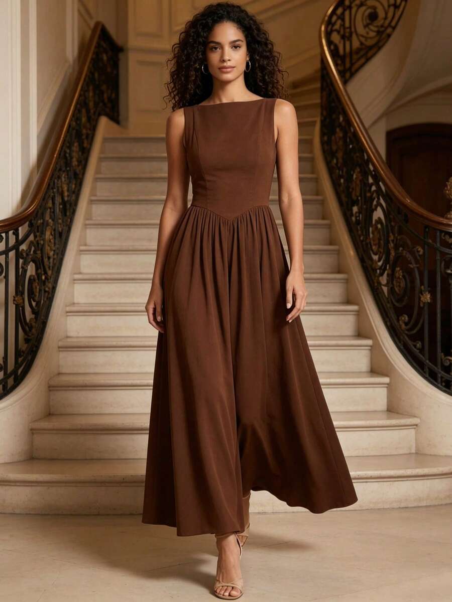 MODA MO, REF: H978 Women's Dress, Long Dress, Sleeveless, Round Neckline, High Waist, Backless, Dress With Zipper, Slim Model, A-Line Dress, Elegant, Modern, Light, Comfortable, Versatile, Refined Look, Casual Chic Dress, Dress For Events, Sophisticated Look, Summer Dress, Quality Finish, Feminine Style. - 巧克力棕 - 查看 1