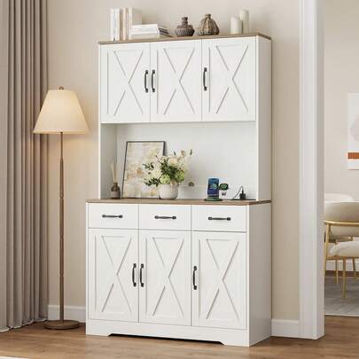 Yanosaku 180cm Tall Pantry Cabinet With Charging Station, Large Kitchen Pantry Storage Cupboard With Adjustable Shelves, 3 Drawers & 6 Barn Doors, Wide Kitchen Hutch With Open Worktop For Dining Room, White