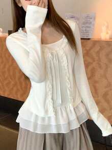 Women's New Autumn 2 In 1 Patchwork Design Long Sleeve T-Shirt With Lace Trim And Tie Detail - White - View 2