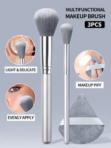 3PCS Makeup Brush&Makeup Puff Set,Large&Small Dome Blush Brushes,For Even Blush, Glow Highlight&Setting Powder Application,Silver Wooden Handle - Silver - View 4