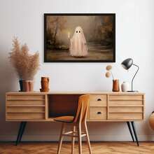 1pc Framed Canvas Wall Art, Cute Pink Ghost Holding Candle Canvas Wall Hanging, Vintage Autumn Forest Oil Painting, Dark Academia Style Halloween Atmosphere Decor, Suitable For Modern Home Decor, Room Decor, Dorm Decor, Bedroom Decor, Bathroom Decor, Kitchen Decor, Dining Room Decor, Living Room Decor, Office Decor, School Decor, Ghost Art, Gothic Halloween Poster, Halloween Decor, Halloween Home Decor, Ghost, Horror Decor - Pink Ghost - View 5