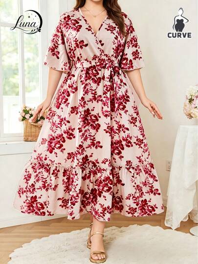 Vestidos Elegantes de talla grande de con estampado floral para mujer,  Vestidos largo con cuello en V, manga corta y volantes con cinturón para fiestas y ocasiones informales