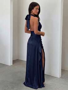 Elegant Sexy Satin Halter Neck Slit Hem Ruffle Waist Party Evening Dress, Wedding Bridesmaid Dress, Prom Dress - Dark Blue - View 5