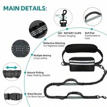 Pochete para corrida com cães, mãos livres, com cinto, alças duplas, guia elástica retrátil, adequada para cães de porte médio a grande, costura refletora, ideal para caminhadas, trilhas e ciclismo. - Preto + Azul Celeste (Corda de Reboque Simples) - Visão 4