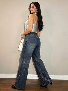 Celana Jeans Denim Wanita Ukuran Besar Pinggang Tinggi dengan Hiasan Rhinestone, Potongan Lurus, Warna Gelap, Gaya Pesta Kasual Mengkilap untuk Musim Gugur - Medium Wash - View 7