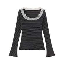 Women's New Gray Striped Long Sleeve Base Layer T-Shirt With Lace Patchwork Slim Fit Design Top - Dark Grey - View 6