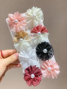 6pcs Multicolor Girls Fresh Texture Mesh Lace Hair Clips Printed Hair Accessories Pearl Embellished Hair Clips For Daily Or Party Wear - Multicolor - View 3