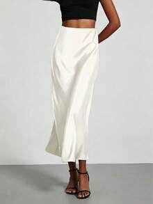 Plus Size Solid Color Satin Elegant Long Skirt For Vacation, Evening Party And Wedding White - White - View 7